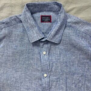 UNTUCKit Short Sleeve Mens Shirt XL Cameron Blue 100% Linen Slim Fit Pocket